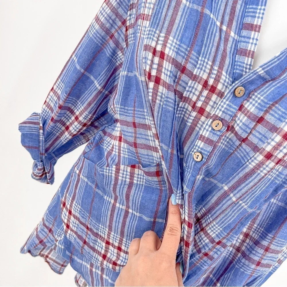 En Creme Cotton Blend pocketed plaid Henley top - Picture 6 of 8